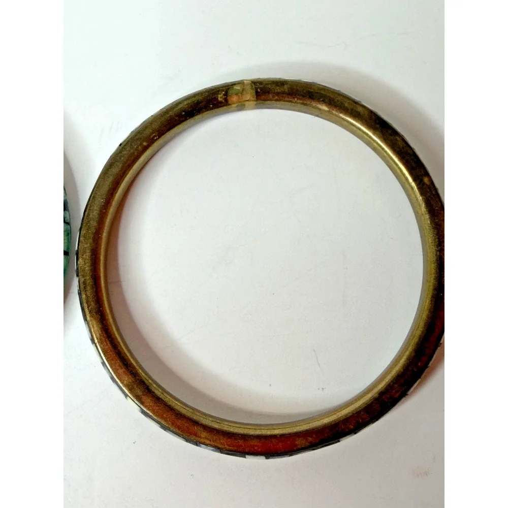 Mosaic Inlay Stone Tile Bangle Bracelet Pair Brass Tone Green Cream Southwestern
